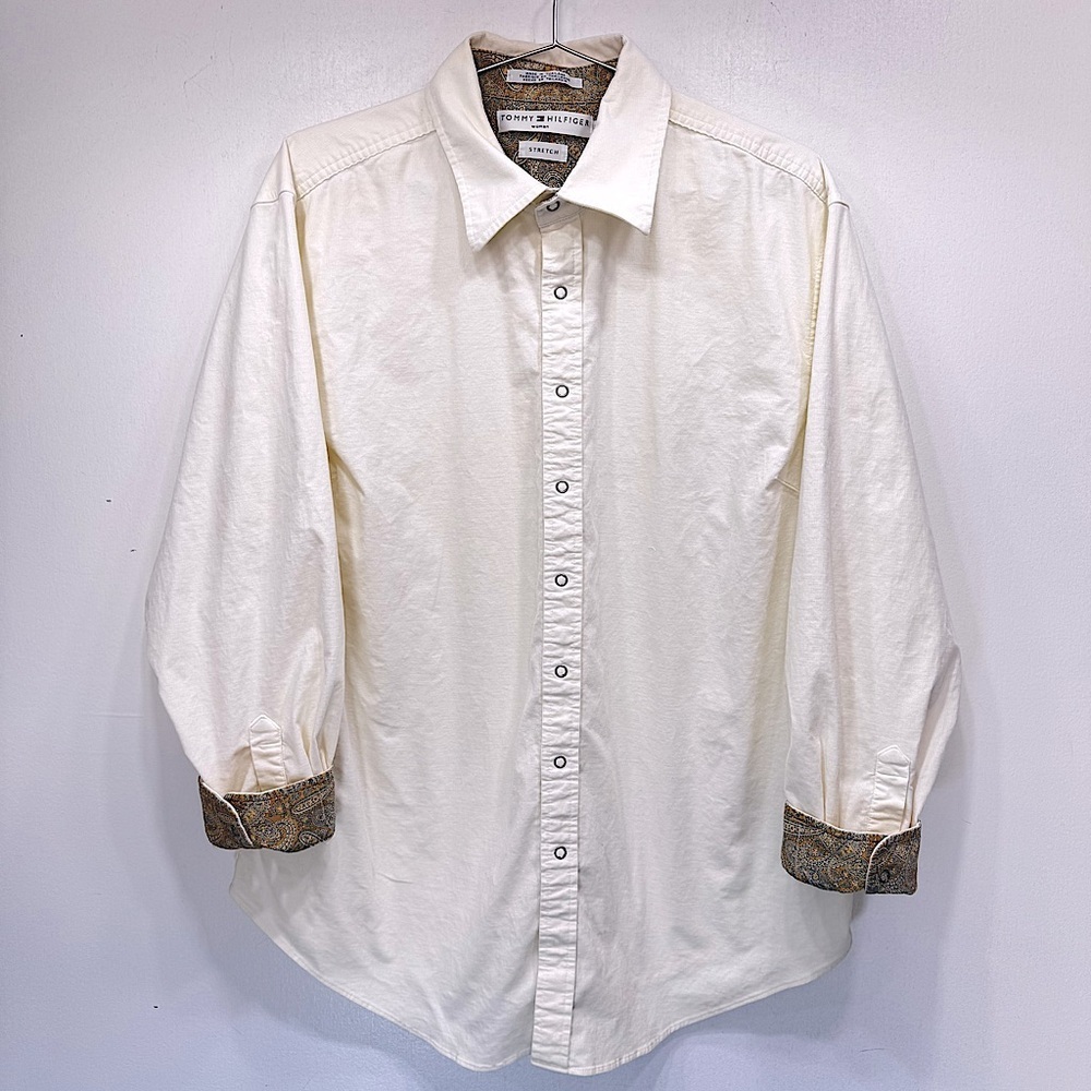Vintage Y2K Tommy Hilfiger Cream Corduroy Snap Front Shirt Paisley Lined Cuffs